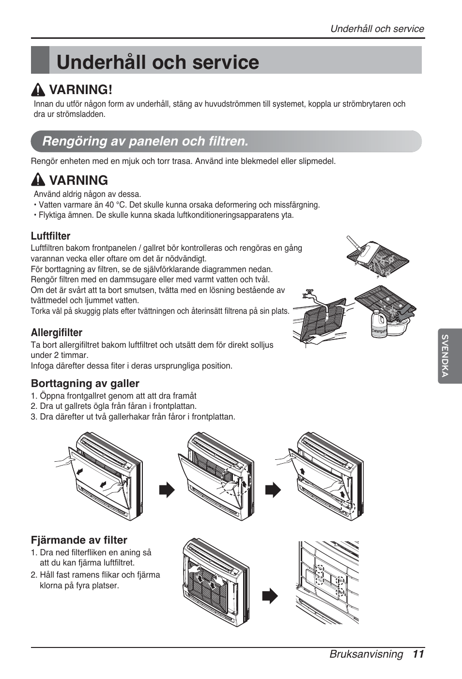 Underhåll och service, Rengöring av panelen och filtren, Varning | LG ARNU07GQAA2 User Manual | Page 221 / 253