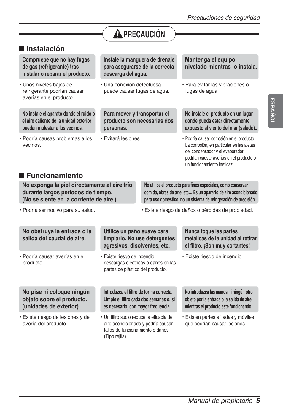 Precaución, N instalación, N funcionamiento | LG ARNU07GQAA2 User Manual | Page 33 / 253