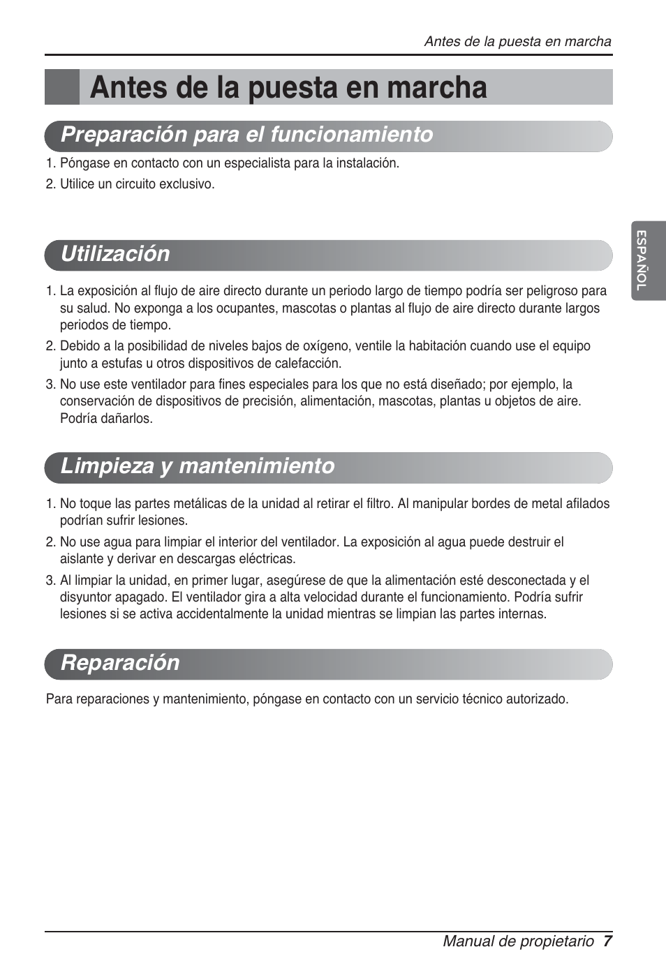 Antes de la puesta en marcha | LG ARNU07GQAA2 User Manual | Page 35 / 253