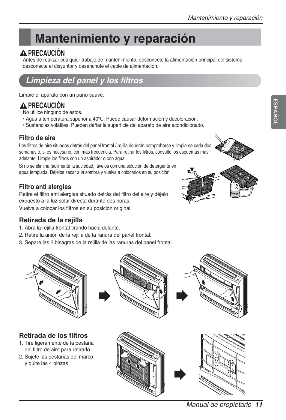 Mantenimiento y reparación, Precaución, Limpieza del panel y los filtros | LG ARNU07GQAA2 User Manual | Page 39 / 253