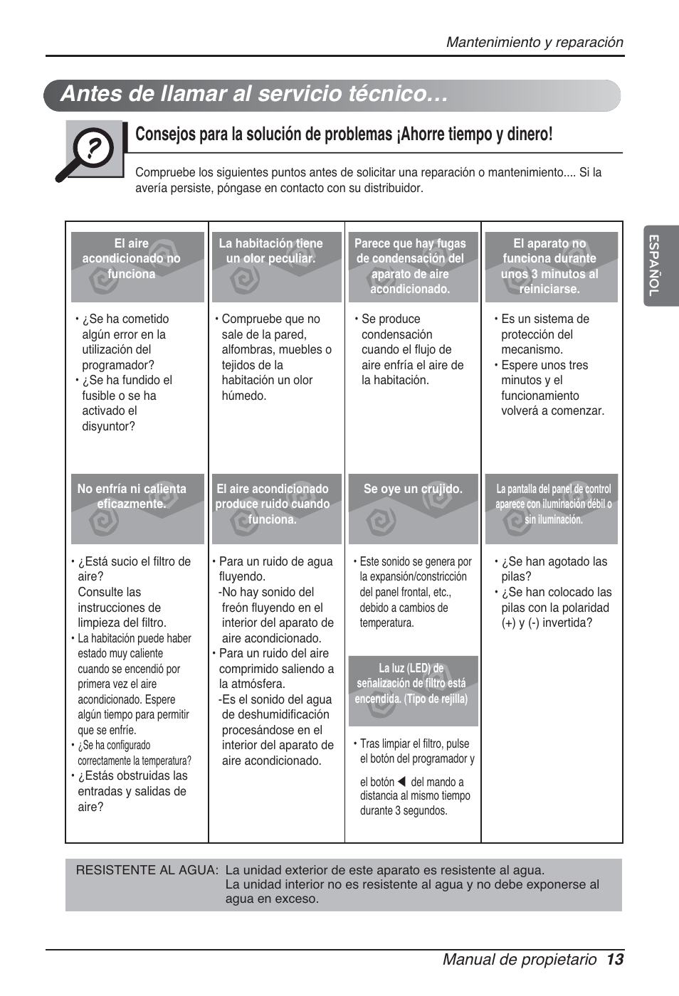 Antes de llamar al servicio técnico, Manual de propietario 13 | LG ARNU07GQAA2 User Manual | Page 41 / 253