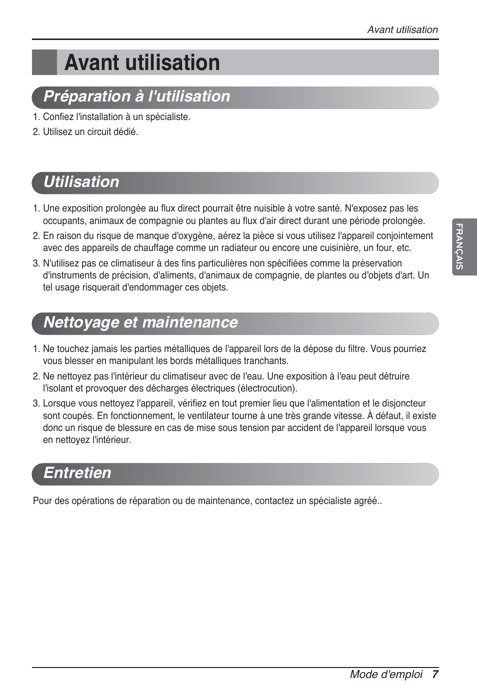 Avant utilisation | LG ARNU07GQAA2 User Manual | Page 49 / 253