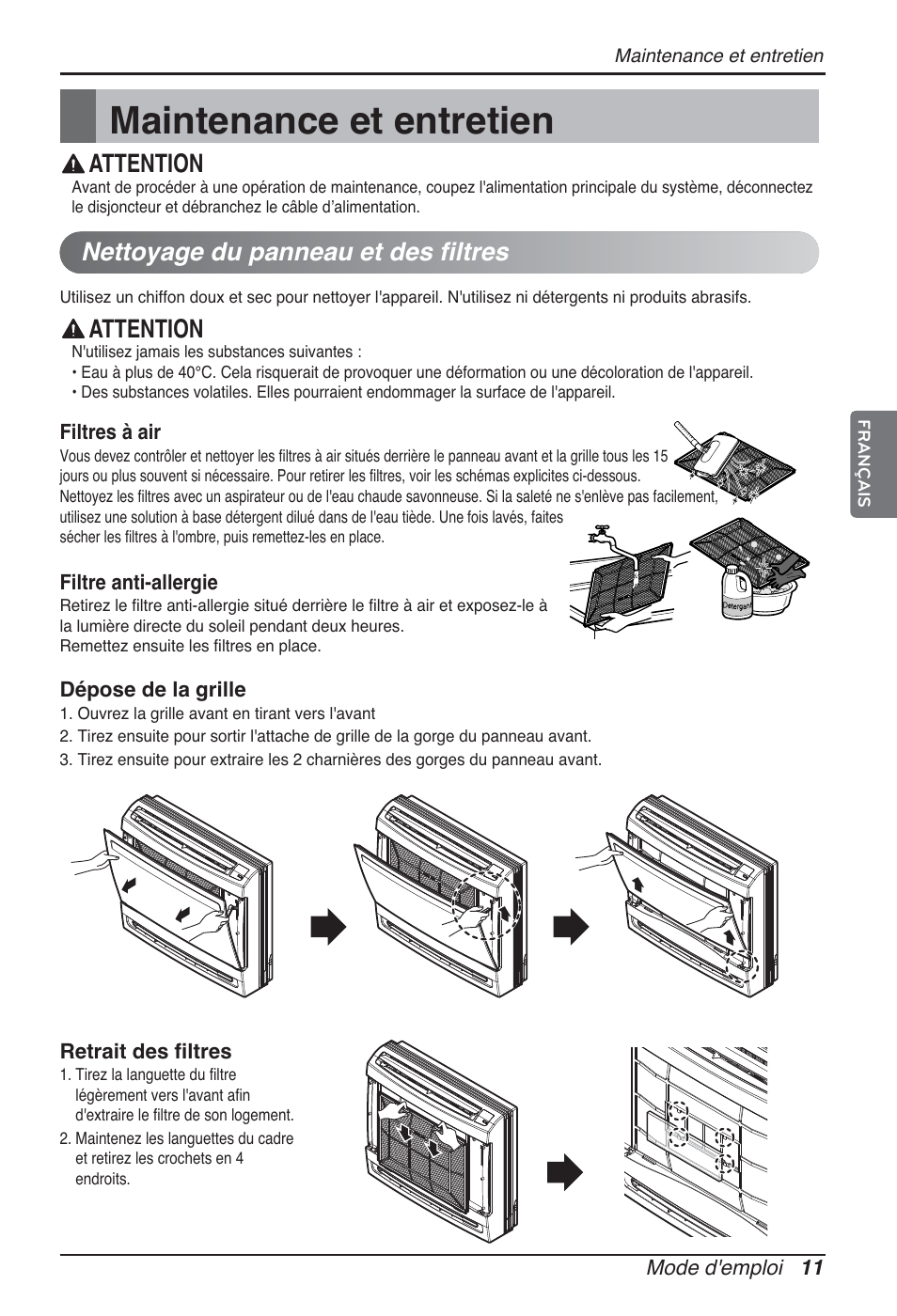 Maintenance et entretien, Attention, Nettoyage du panneau et des filtres | LG ARNU07GQAA2 User Manual | Page 53 / 253