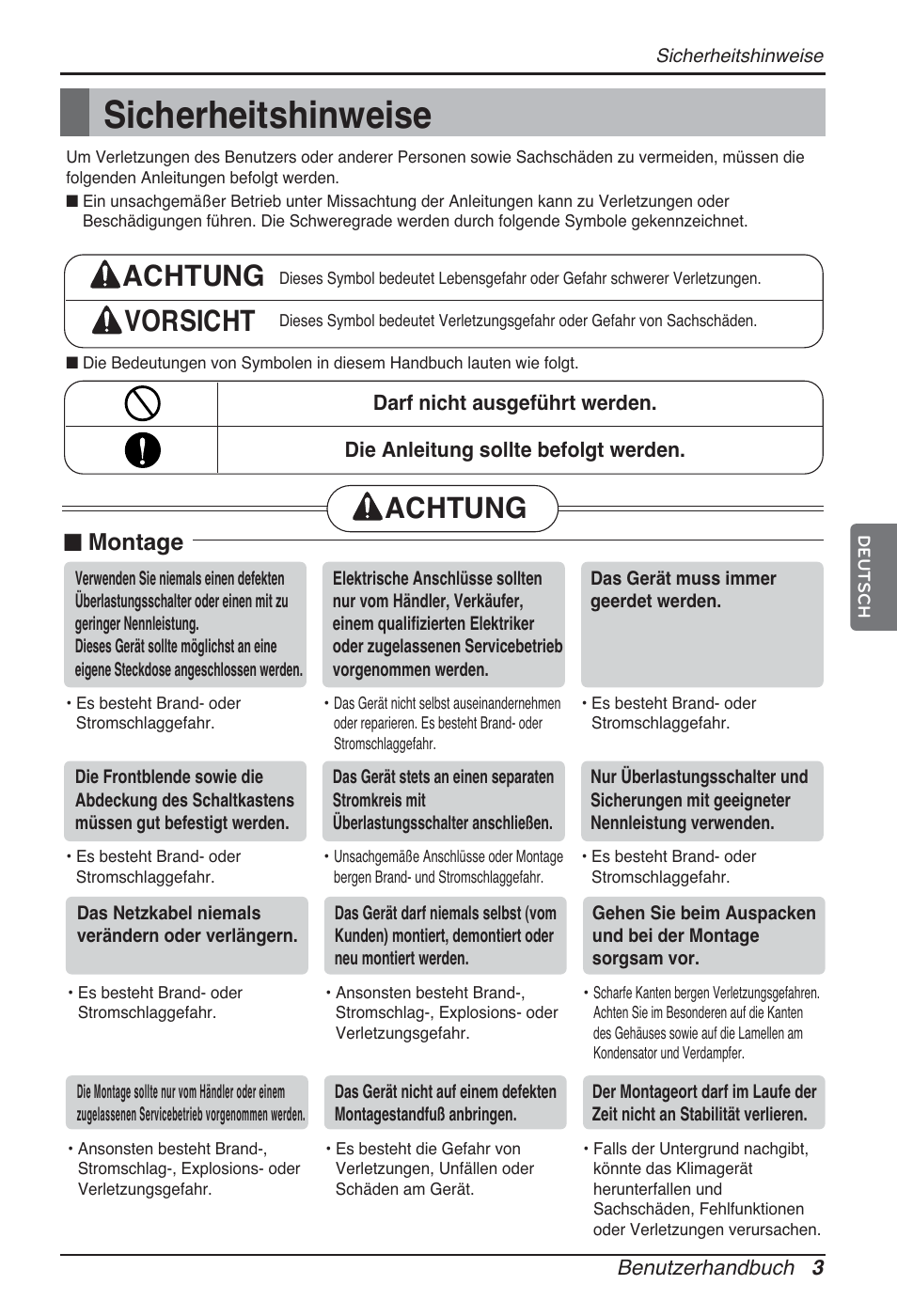 Sicherheitshinweise, Achtung vorsicht, Achtung | N montage | LG ARNU07GQAA2 User Manual | Page 59 / 253