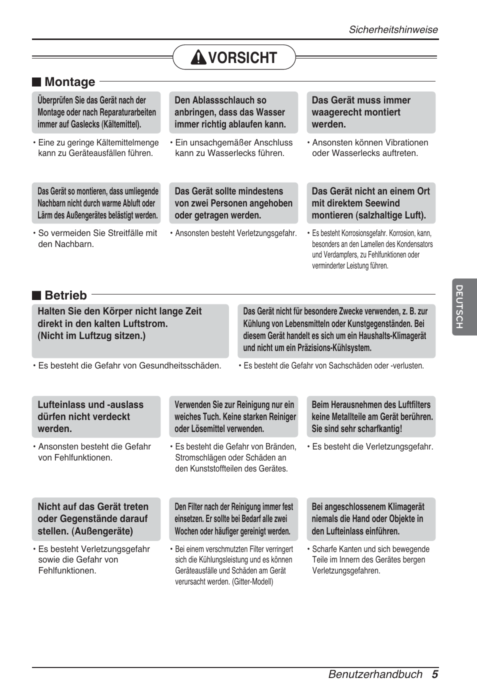 Vorsicht, N montage, N betrieb | LG ARNU07GQAA2 User Manual | Page 61 / 253