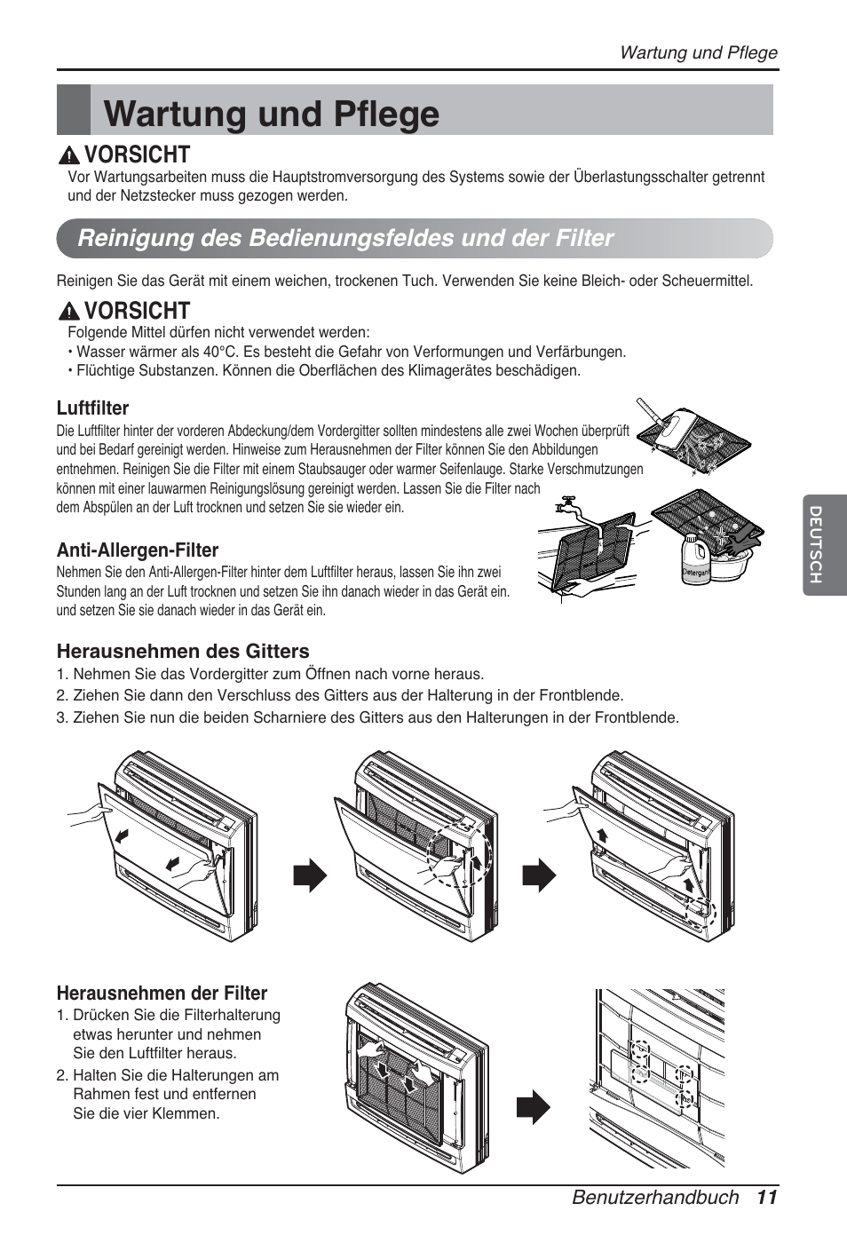 Wartung und pflege, Vorsicht, Reinigung des bedienungsfeldes und der filter | LG ARNU07GQAA2 User Manual | Page 67 / 253