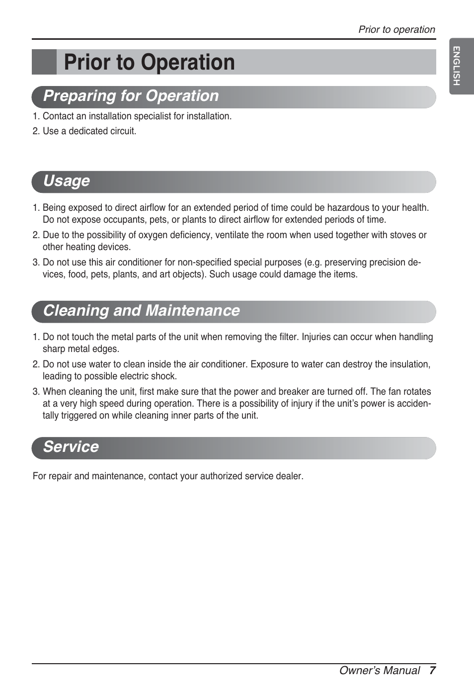 Prior to operation | LG ARNU07GQAA2 User Manual | Page 7 / 253