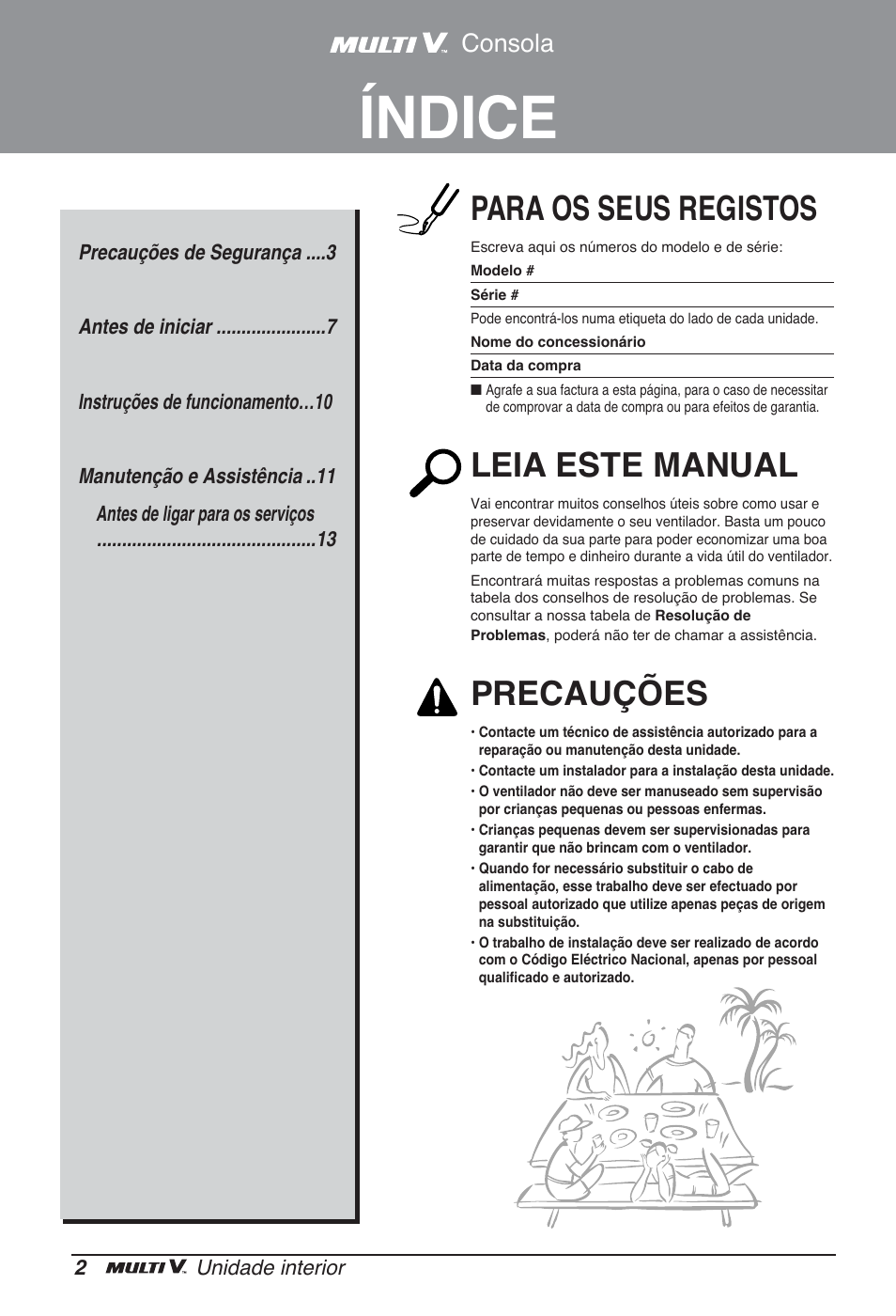 Índice, Para os seus registos, Leia este manual | Precauções, Consola | LG ARNU07GQAA2 User Manual | Page 86 / 253