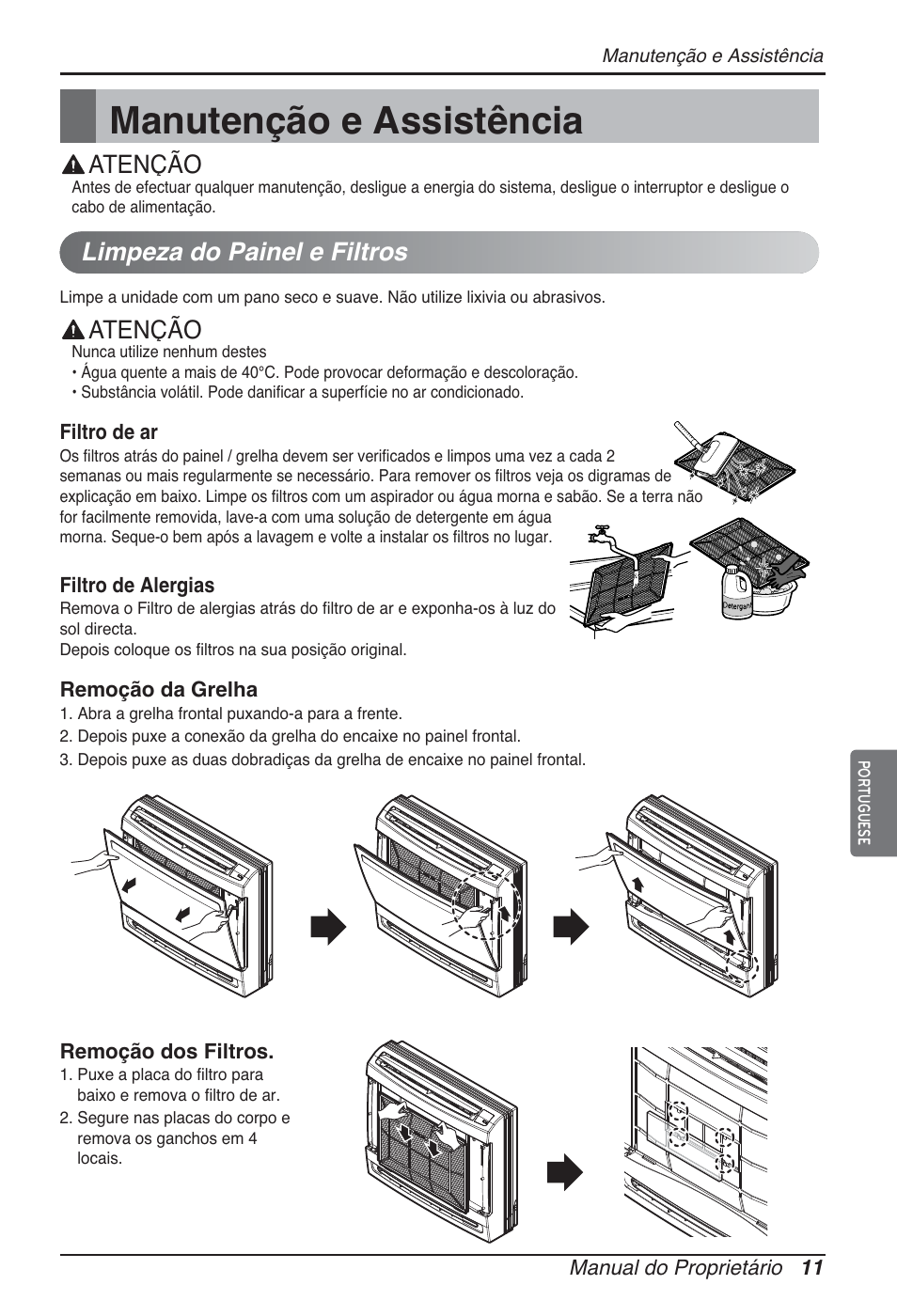 Manutenção e assistência, Atenção, Limpeza do painel e filtros | LG ARNU07GQAA2 User Manual | Page 95 / 253