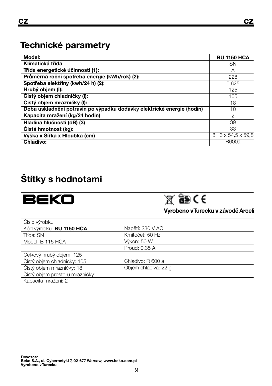 Technické parametry štítky s hodnotami | Beko BU 1152 User Manual | Page 34 / 74