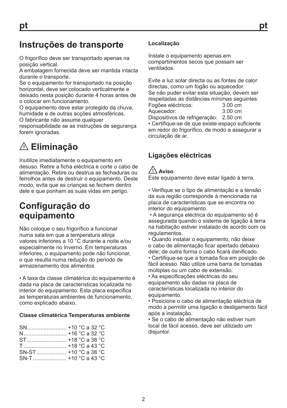 Instruções de transporte, Eliminação, Configuração do equipamento | Ligações eléctricas | Beko BU 1152 User Manual | Page 65 / 74