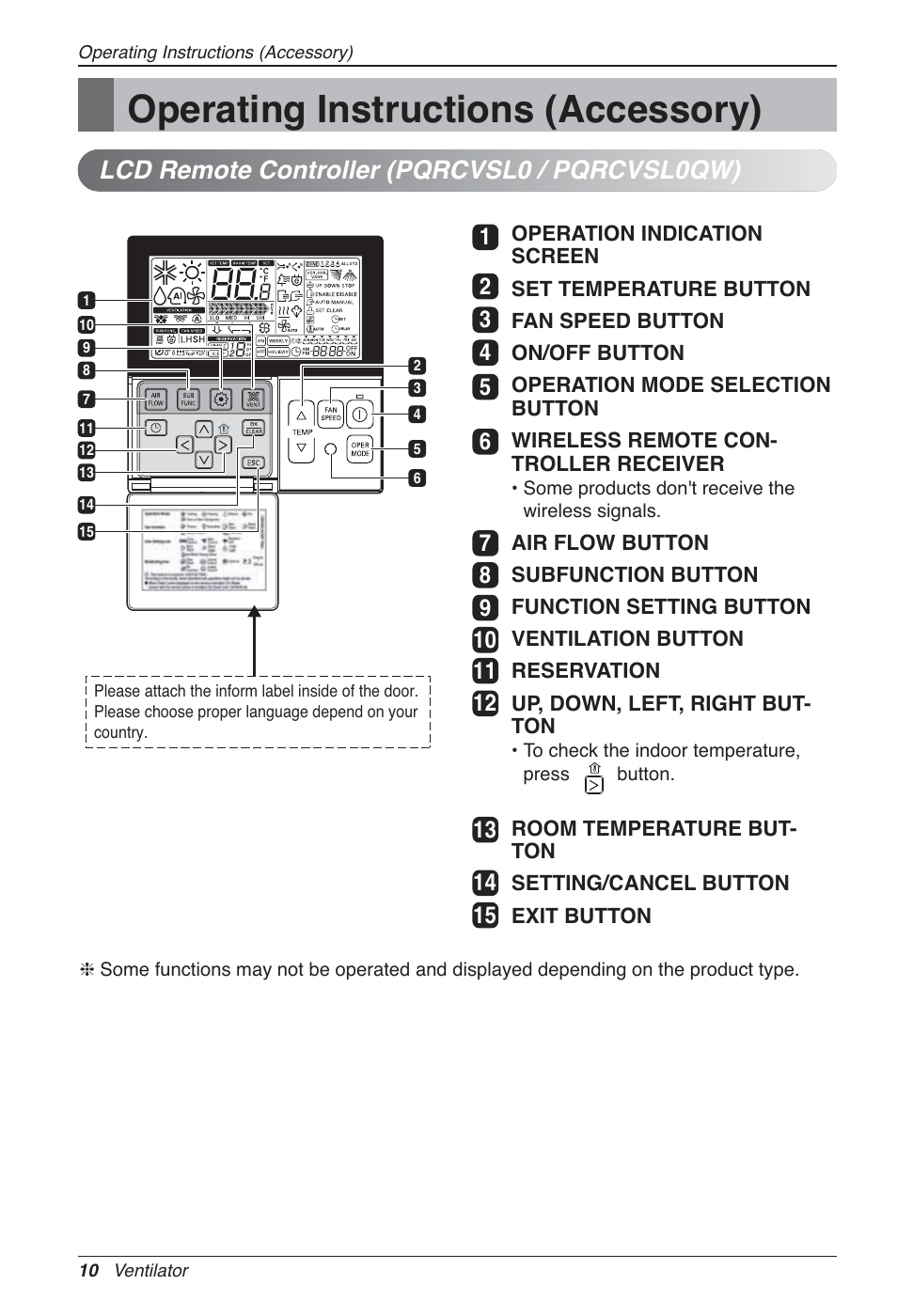 Operating instructions (accessory), Lcd remote controller (pqrcvsl0 / pqrcvsl0qw) | LG LZ-H200GBA2 User Manual | Page 10 / 419