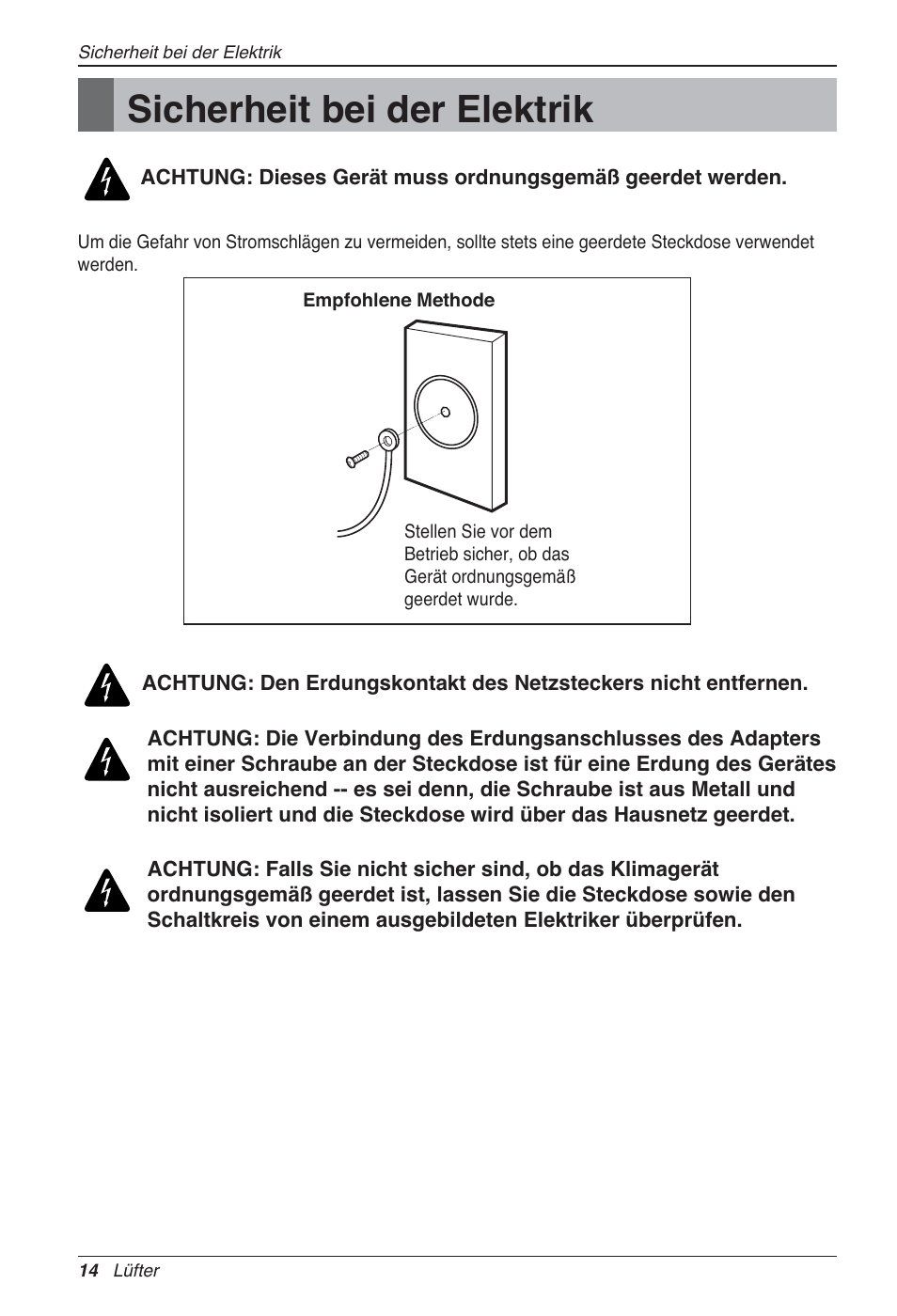 Sicherheit bei der elektrik | LG LZ-H200GBA2 User Manual | Page 102 / 419