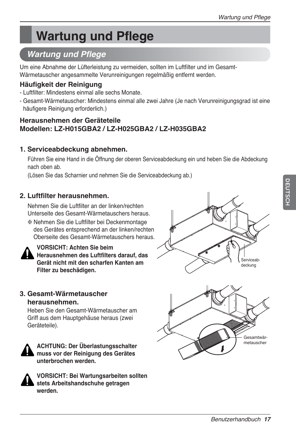 Wartung und pflege | LG LZ-H200GBA2 User Manual | Page 105 / 419