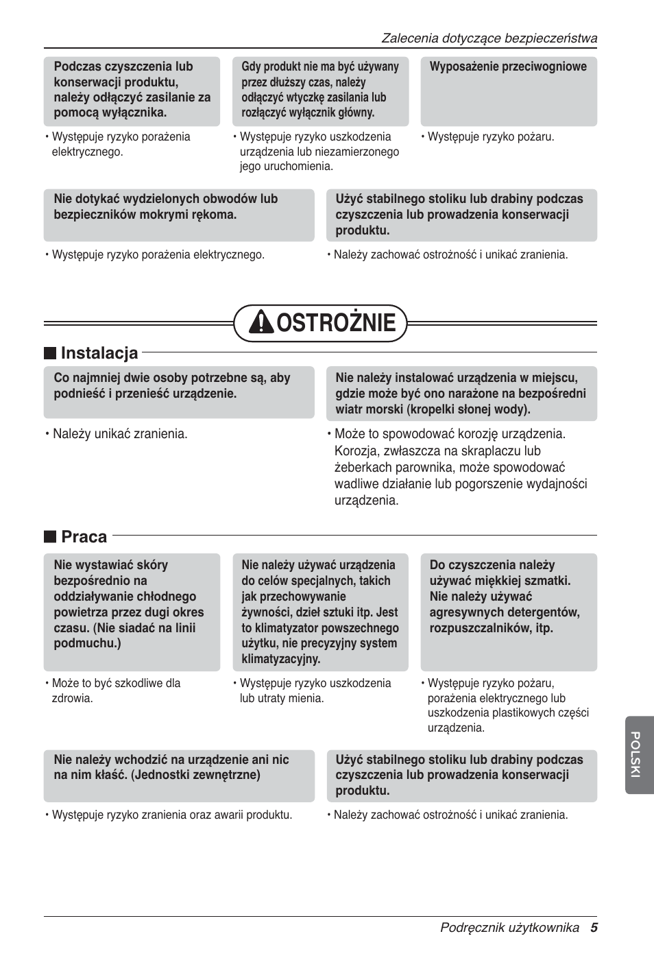 Ostrożnie, N instalacja, N praca | LG LZ-H200GBA2 User Manual | Page 181 / 419