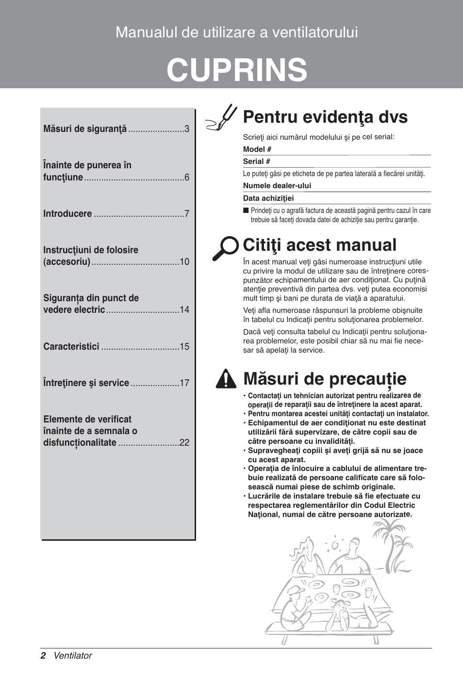 Cuprins, Pentru evidenţa dvs, Citiţi acest manual | Măsuri de precauţie, Manualul de utilizare a ventilatorului | LG LZ-H200GBA2 User Manual | Page 200 / 419