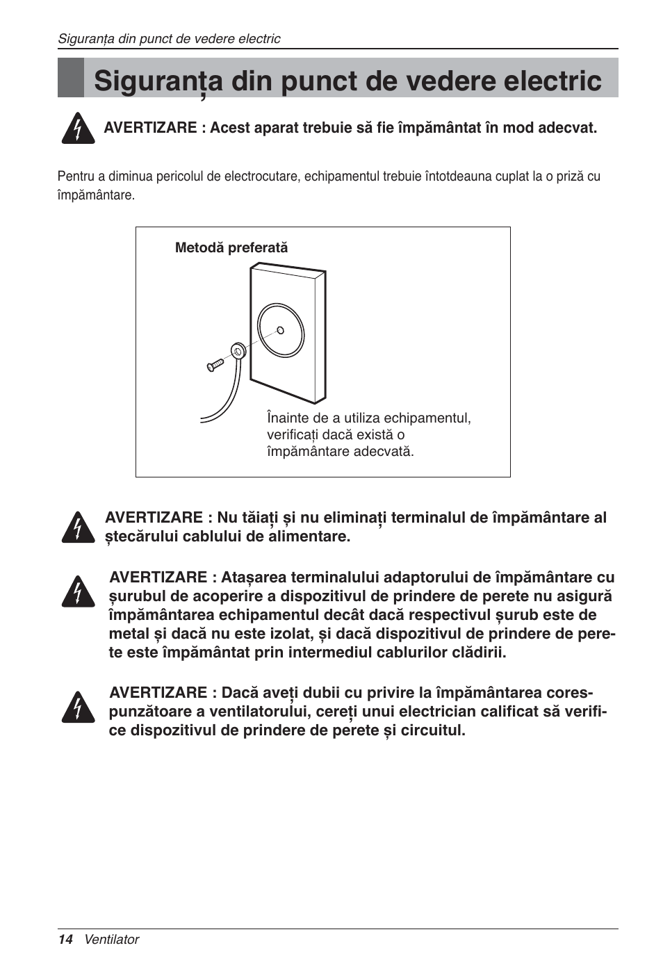 Siguranţa din punct de vedere electric | LG LZ-H200GBA2 User Manual | Page 212 / 419