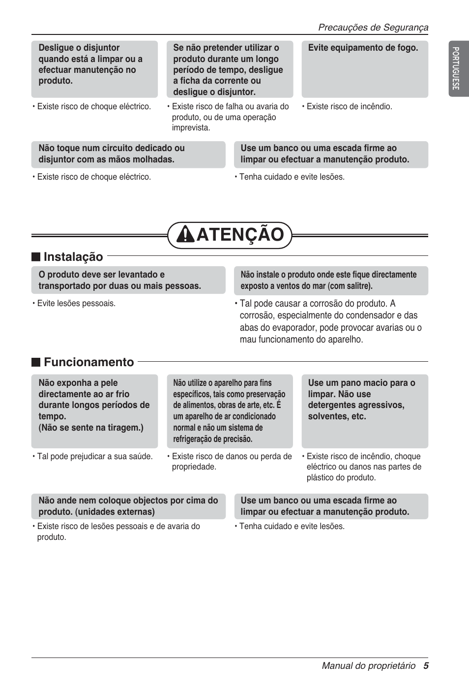 Atenção, N instalação, N funcionamento | LG LZ-H200GBA2 User Manual | Page 225 / 419