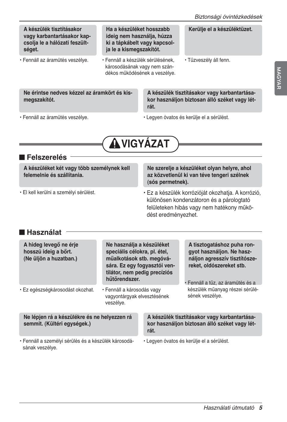 Vigyázat, N felszerelés, N használat | LG LZ-H200GBA2 User Manual | Page 247 / 419