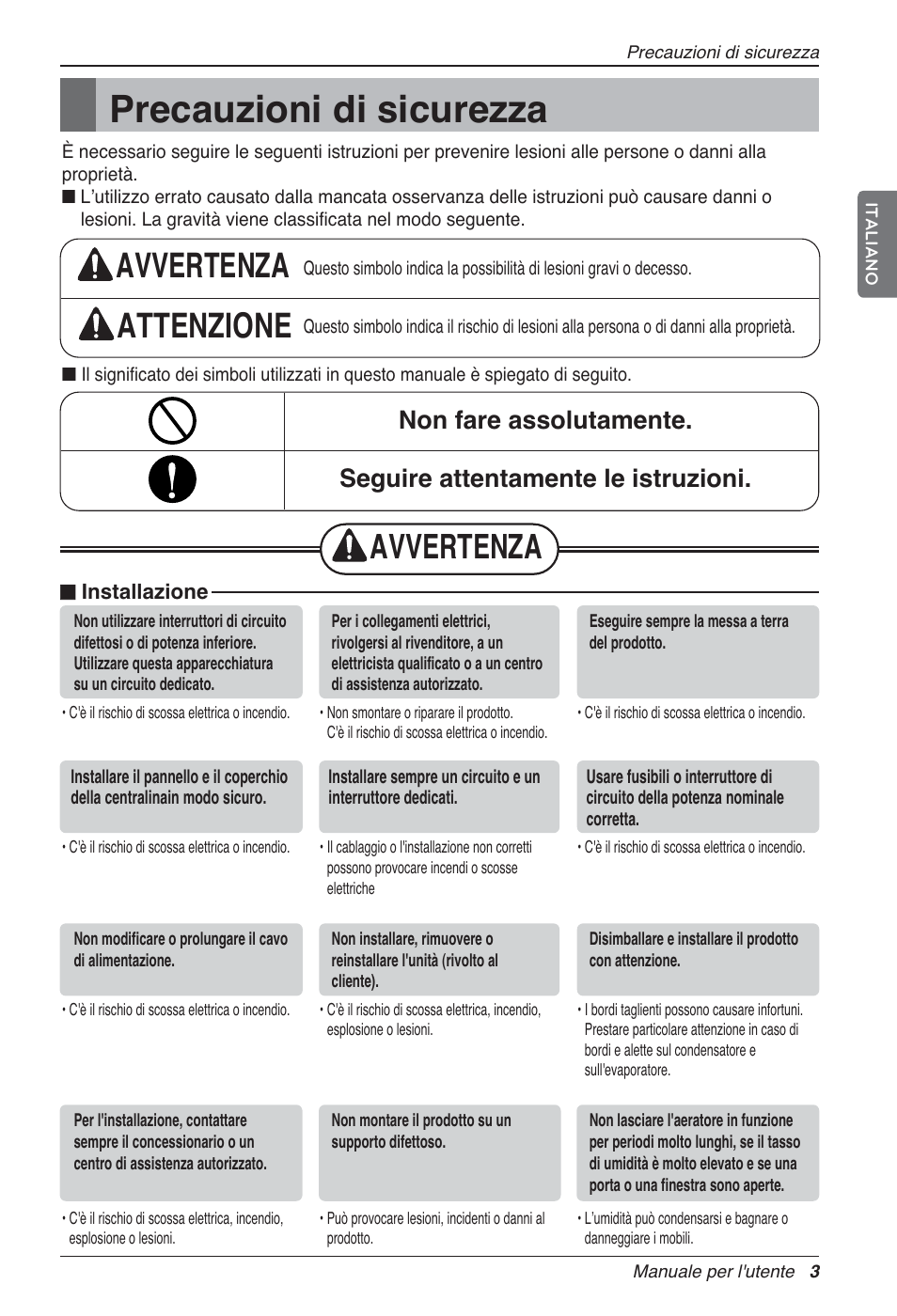 Precauzioni di sicurezza, Avvertenza attenzione, Avvertenza | LG LZ-H200GBA2 User Manual | Page 25 / 419