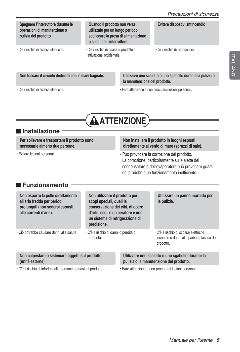 Attenzione, N installazione, N funzionamento | LG LZ-H200GBA2 User Manual | Page 27 / 419