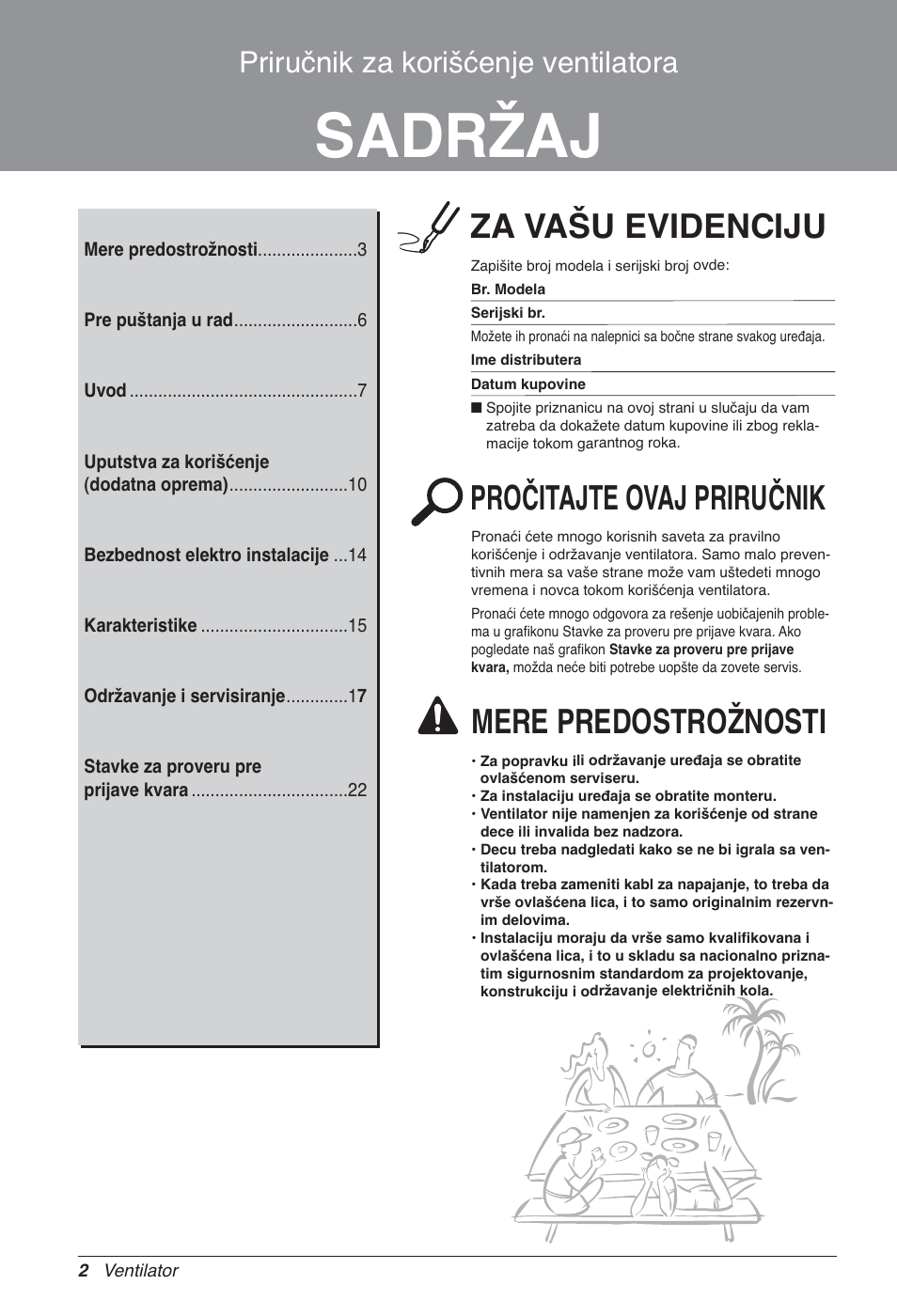 Sadržaj, Za vašu evidenciju, Pročitajte ovaj priručnik | Mere predostrožnosti, Priručnik za korišćenje ventilatora | LG LZ-H200GBA2 User Manual | Page 288 / 419