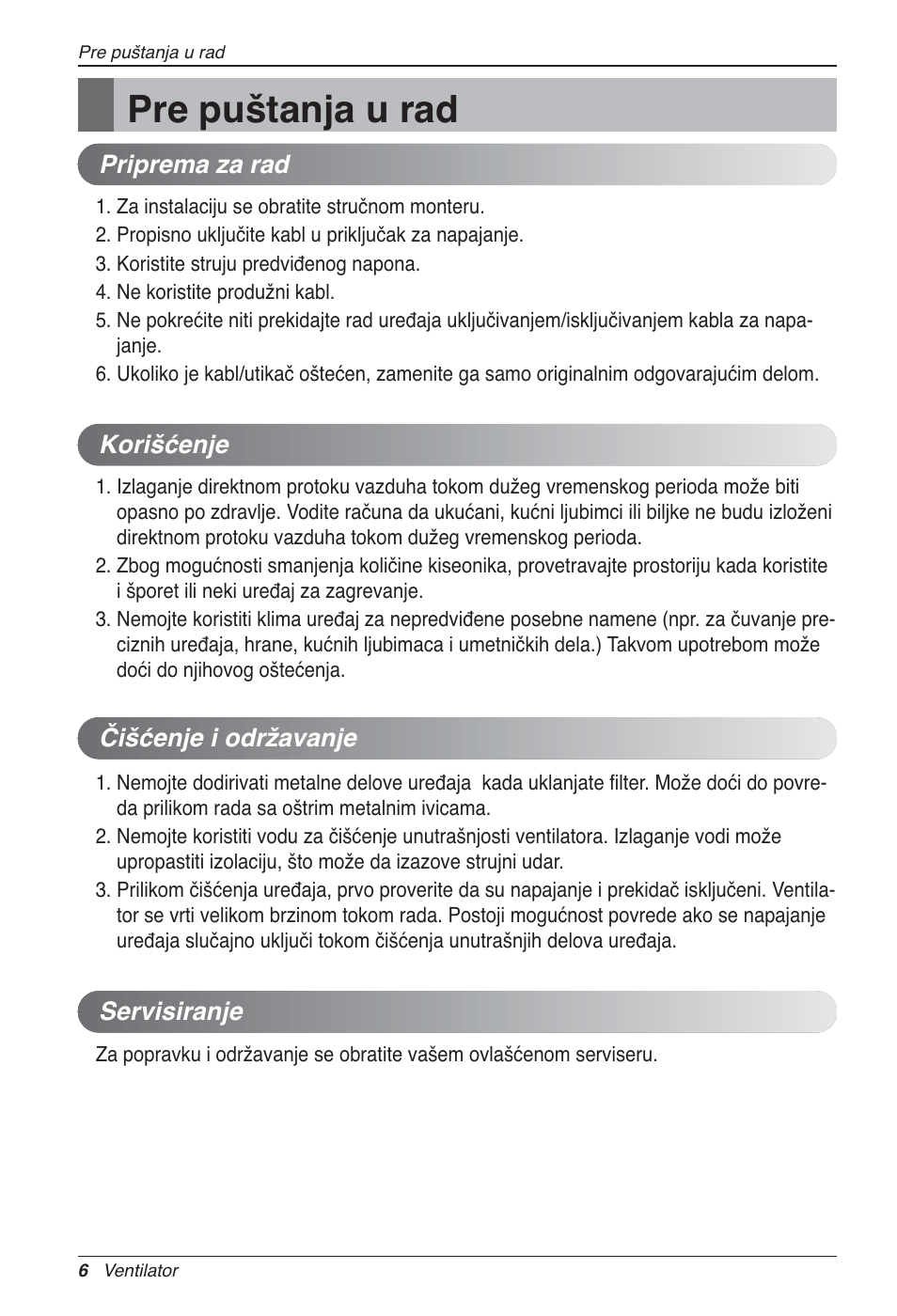 Pre puštanja u rad | LG LZ-H200GBA2 User Manual | Page 292 / 419