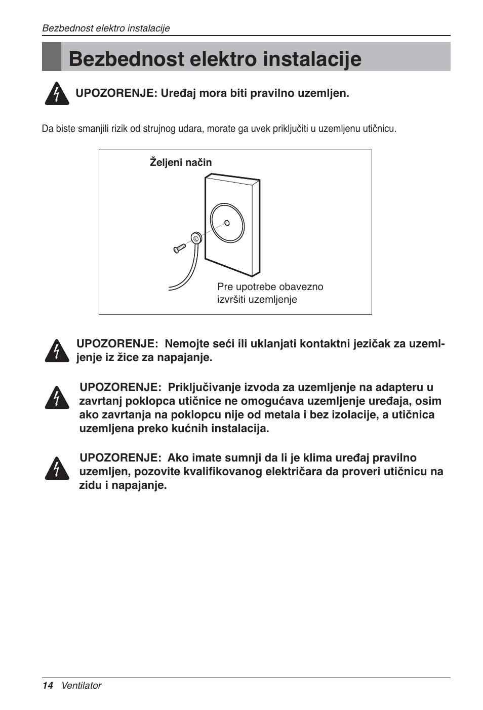 Bezbednost elektro instalacije | LG LZ-H200GBA2 User Manual | Page 300 / 419