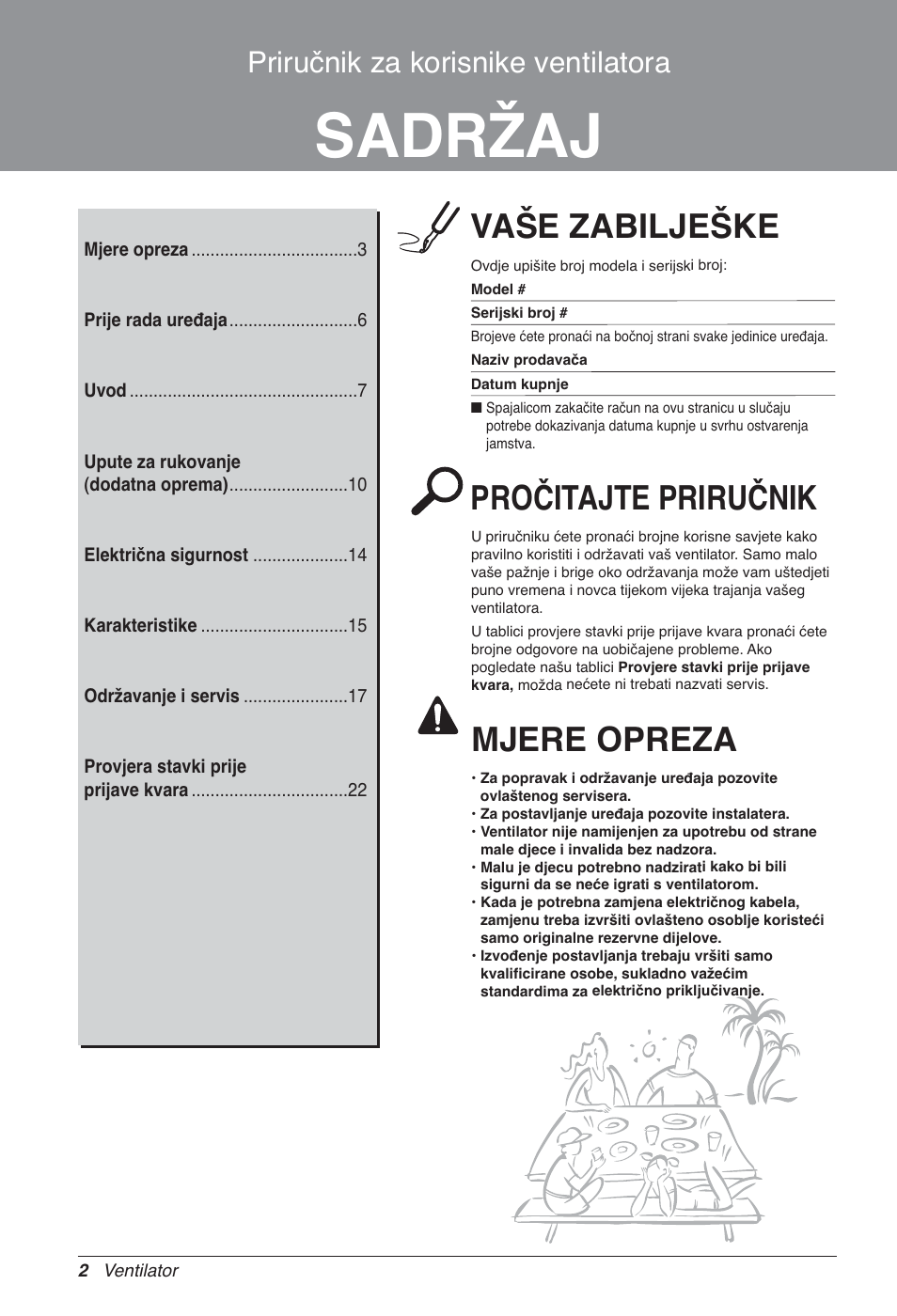 Sadržaj, Vaše zabilješke, Pročitajte priručnik | Mjere opreza, Priručnik za korisnike ventilatora | LG LZ-H200GBA2 User Manual | Page 310 / 419