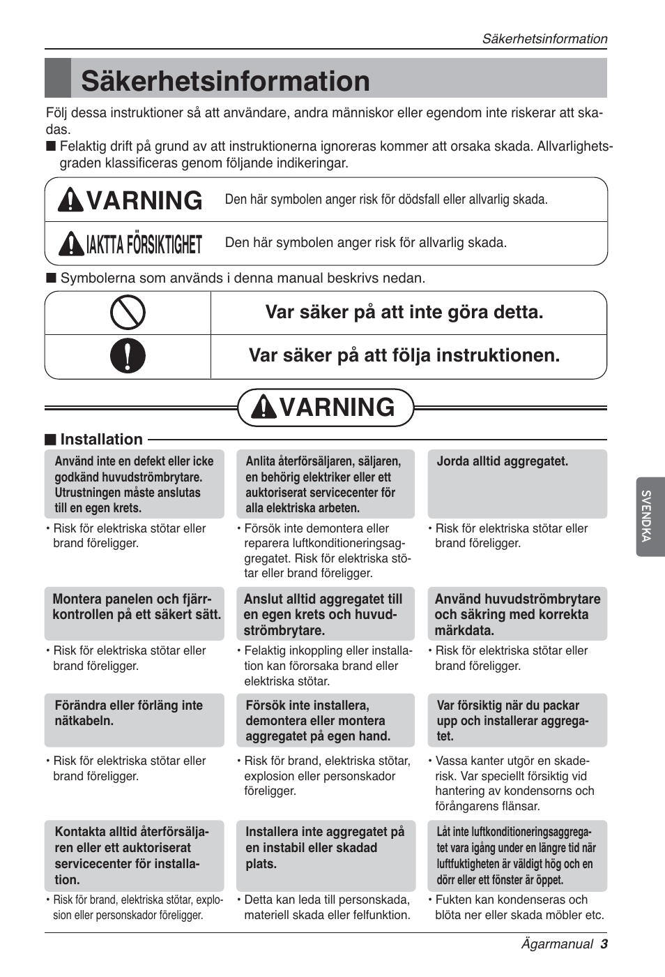 Säkerhetsinformation, Varning iaktta försiktighet, Varning | LG LZ-H200GBA2 User Manual | Page 333 / 419