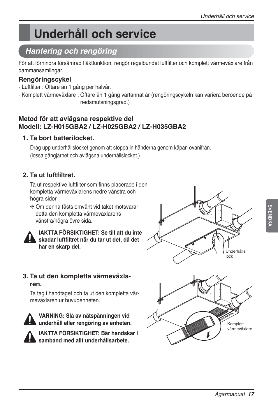 Underhåll och service, Hantering och rengöring | LG LZ-H200GBA2 User Manual | Page 347 / 419