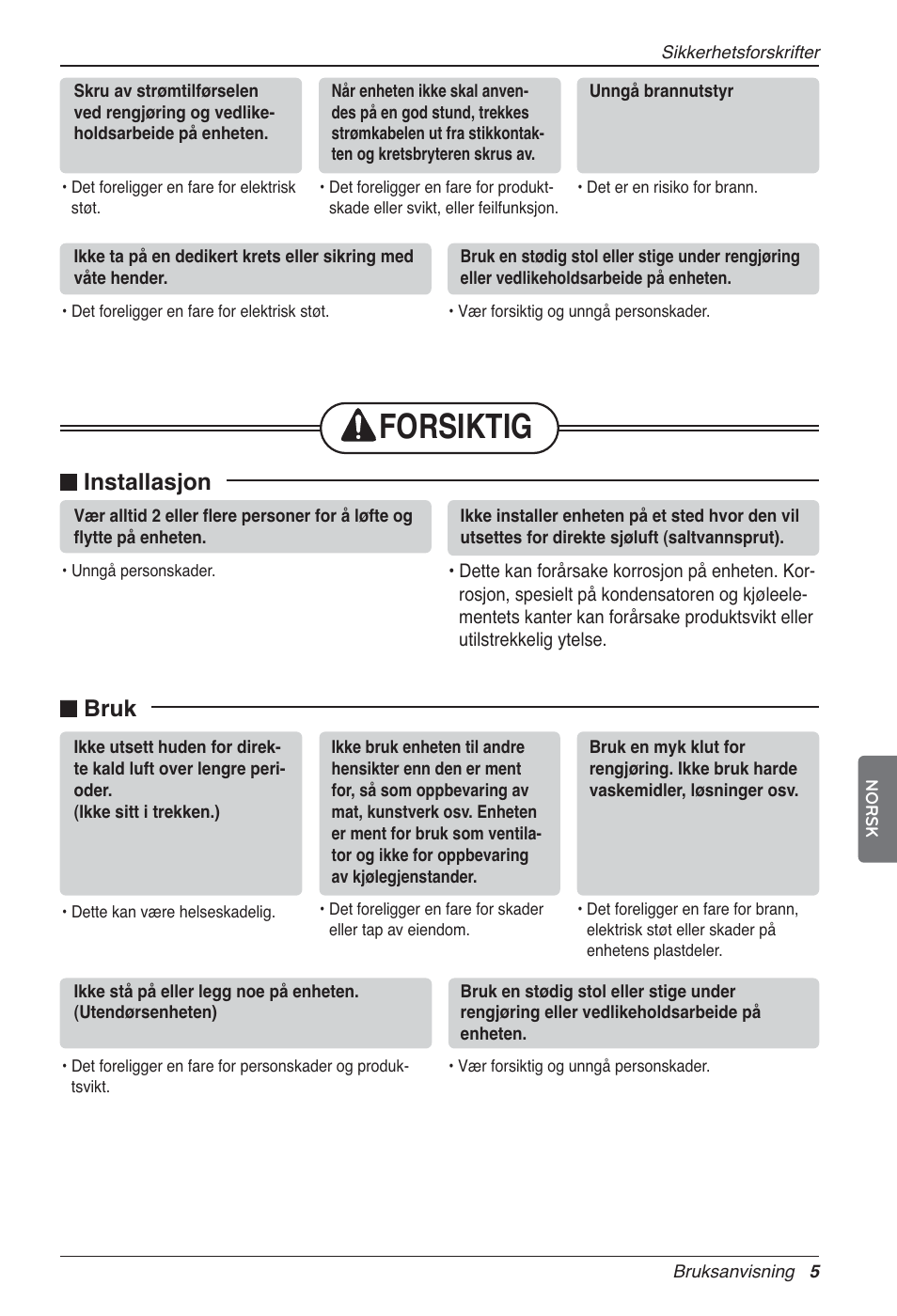 Forsiktig, N installasjon, N bruk | LG LZ-H200GBA2 User Manual | Page 357 / 419