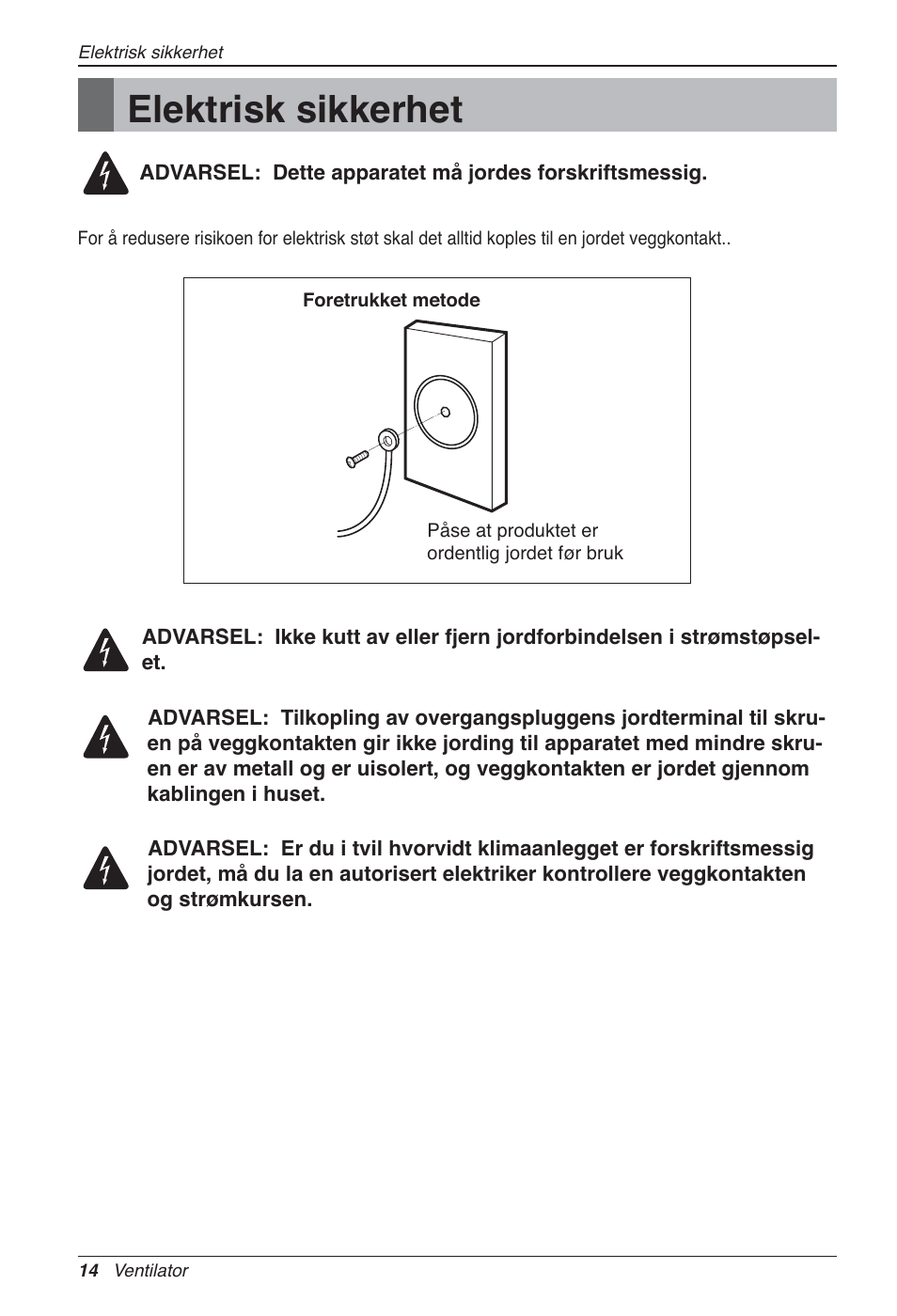 Elektrisk sikkerhet | LG LZ-H200GBA2 User Manual | Page 366 / 419