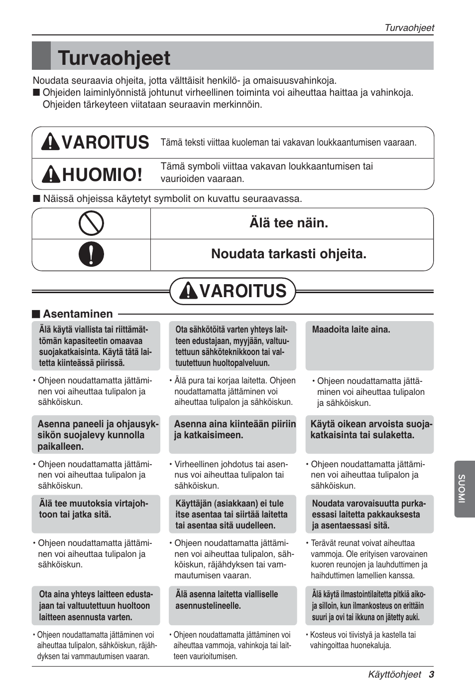 Turvaohjeet, Varoitus huomio, Varoitus | Älä tee näin. noudata tarkasti ohjeita | LG LZ-H200GBA2 User Manual | Page 377 / 419