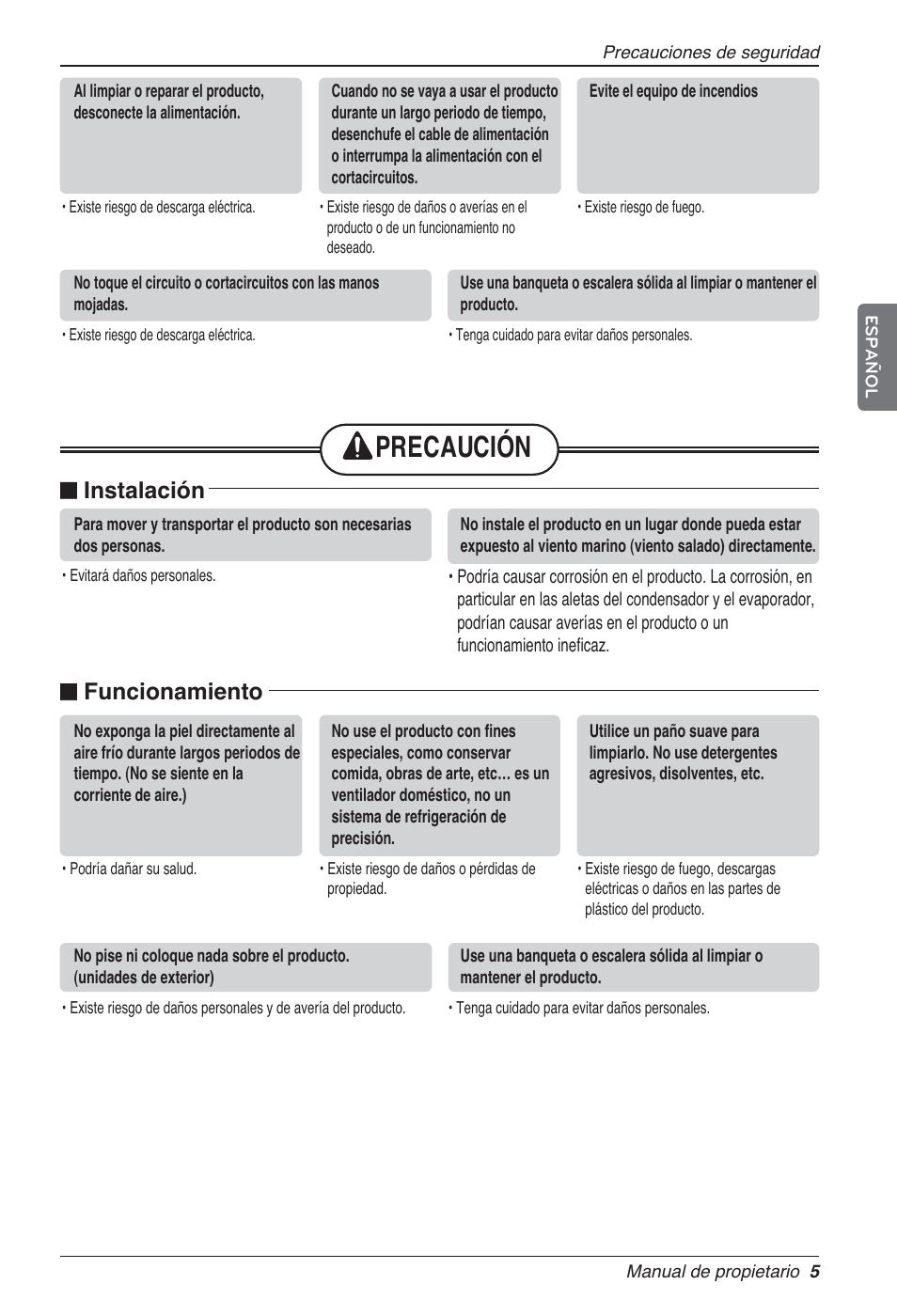 Precaución, N instalación, N funcionamiento | LG LZ-H200GBA2 User Manual | Page 49 / 419