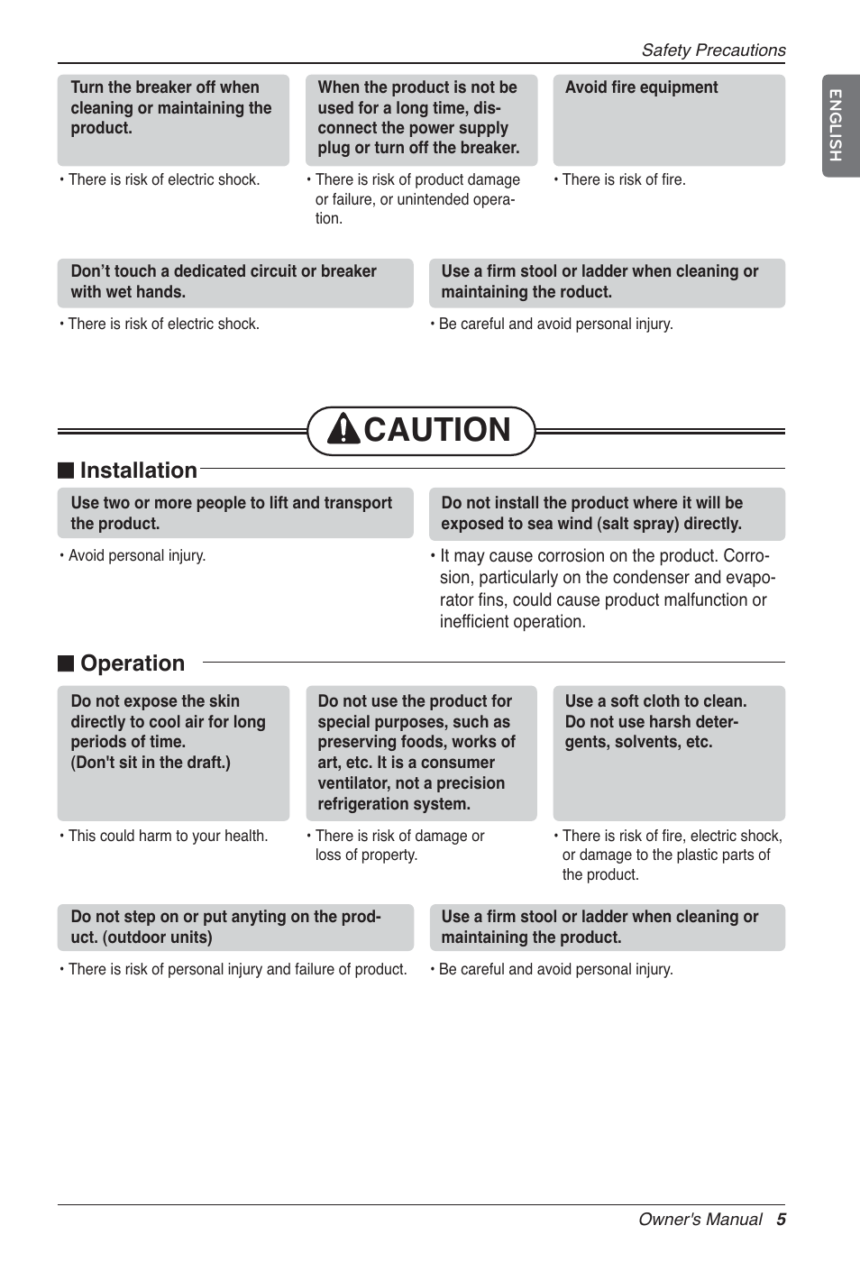 Caution, N installation, N operation | LG LZ-H200GBA2 User Manual | Page 5 / 419