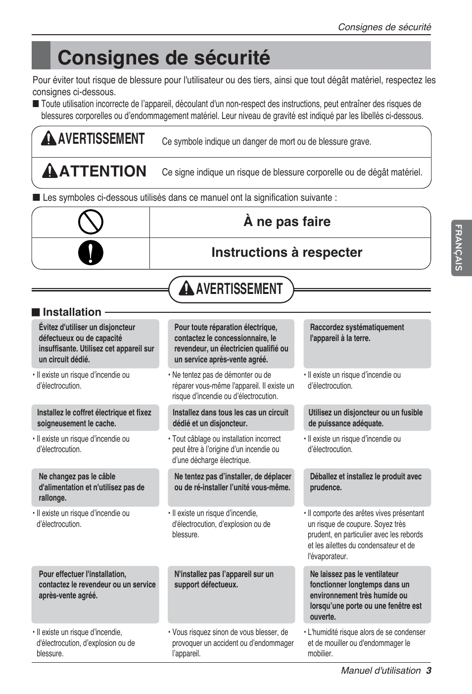 Consignes de sécurité, Avertissement attention, Avertissement | À ne pas faire instructions à respecter | LG LZ-H200GBA2 User Manual | Page 69 / 419