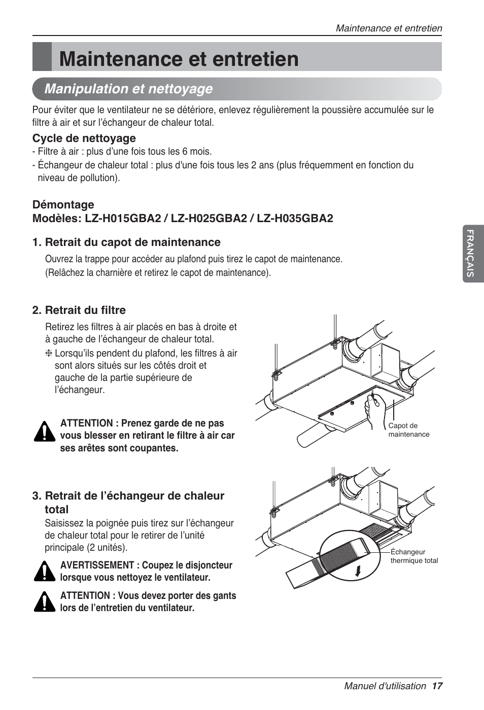 Maintenance et entretien, Manipulation et nettoyage | LG LZ-H200GBA2 User Manual | Page 83 / 419