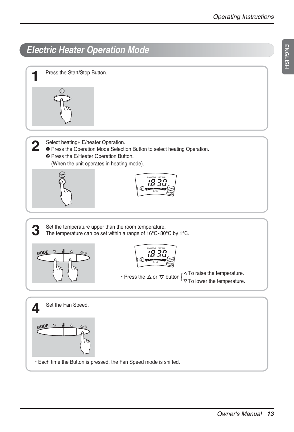 Electric heater operation mode | LG P08AH User Manual | Page 13 / 91