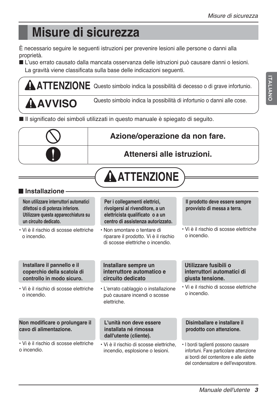 Misure di sicurezza, Attenzione, Attenzione avviso | LG P08AH User Manual | Page 21 / 91