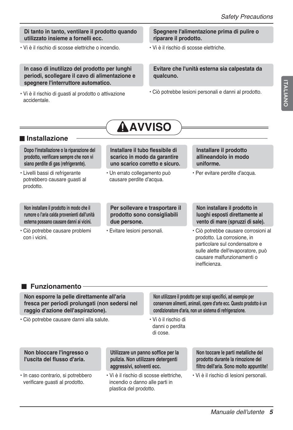 Avviso, Installazione, Funzionamento | LG P08AH User Manual | Page 23 / 91