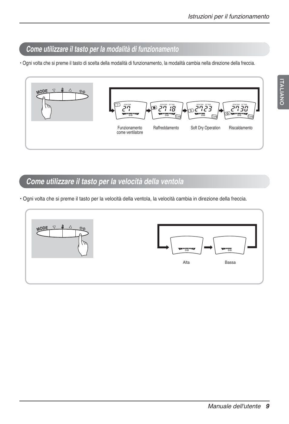 Manuale dell'utente 9, Istruzioni per il funzionamento, Italiano | Alta bassa, Mod e | LG P08AH User Manual | Page 27 / 91