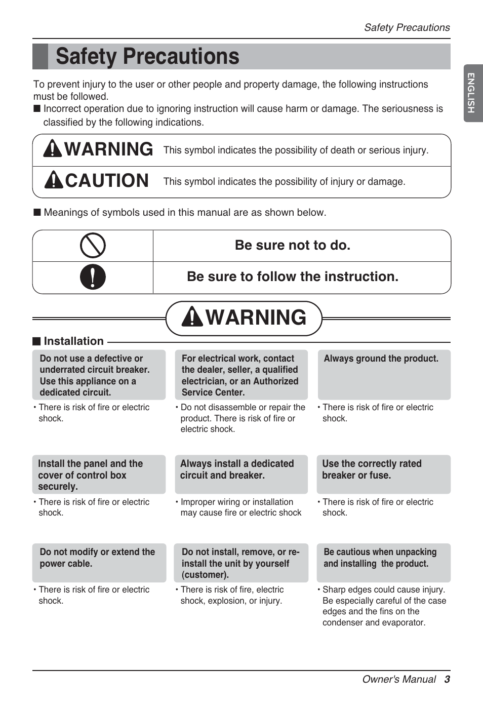 Safety precautions, Warning, Warning caution | LG P08AH User Manual | Page 3 / 91