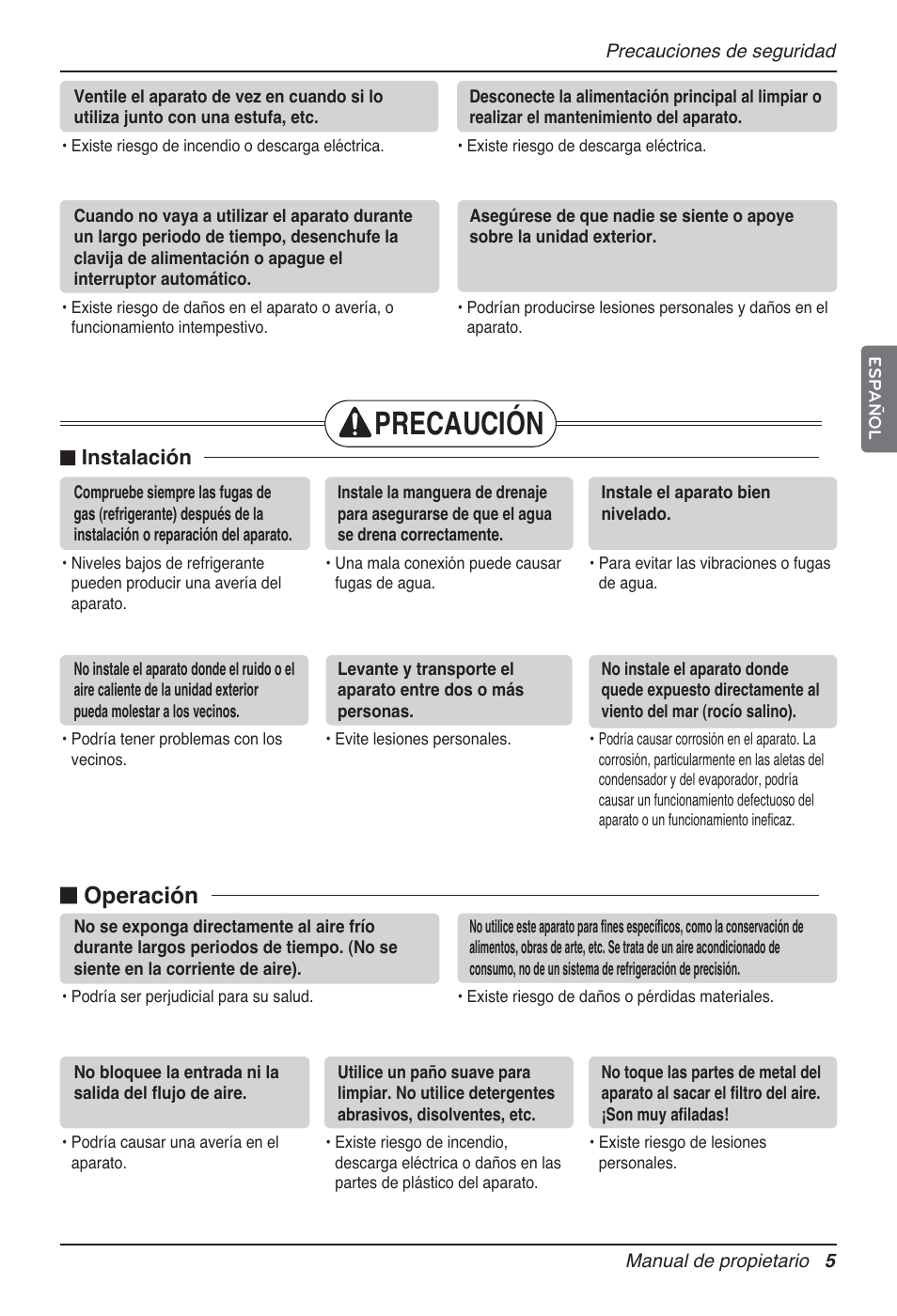 Precaución, Operación, Instalación | LG P08AH User Manual | Page 41 / 91