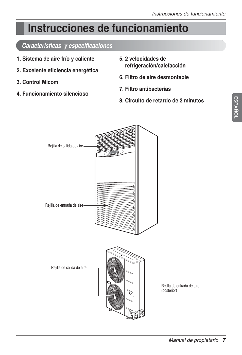 Instrucciones de funcionamiento, Características y especificaciones | LG P08AH User Manual | Page 43 / 91