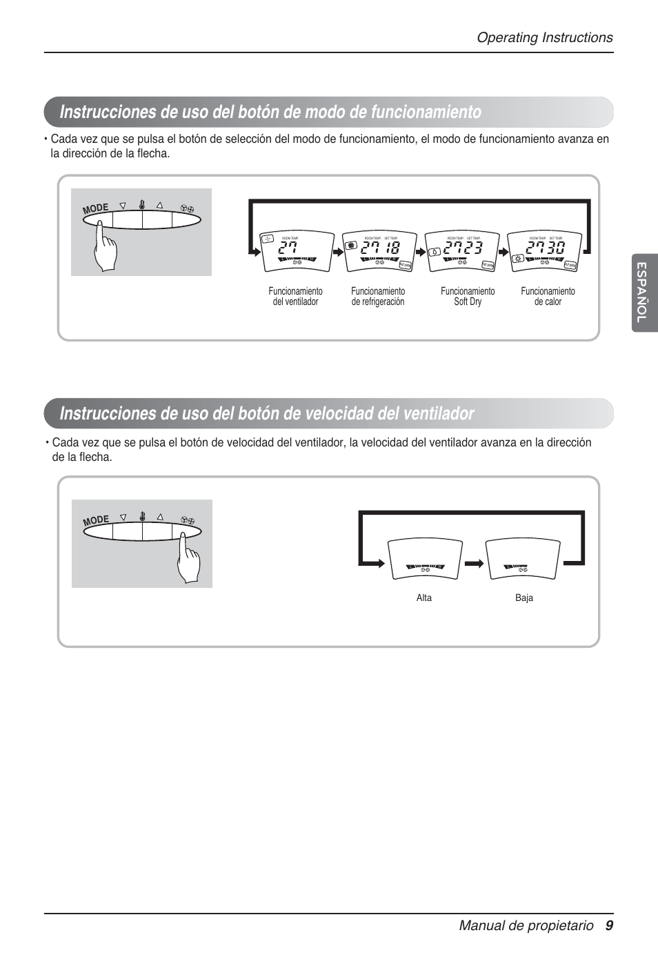 Manual de propietario 9, Operating instructions, Español | Alta baja | LG P08AH User Manual | Page 45 / 91