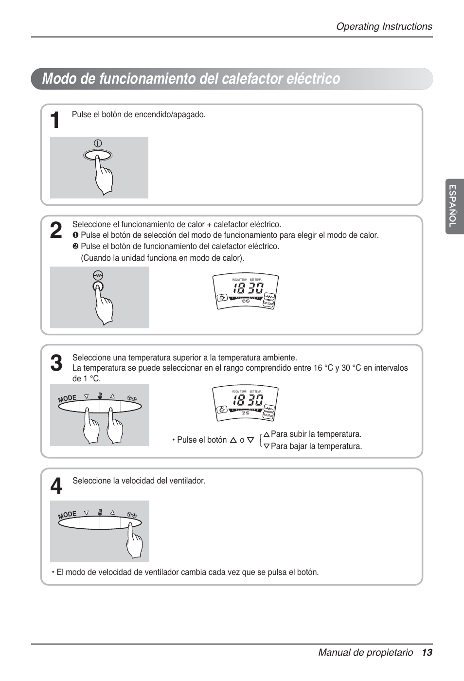 Modo de funcionamiento del calefactor eléctrico | LG P08AH User Manual | Page 49 / 91