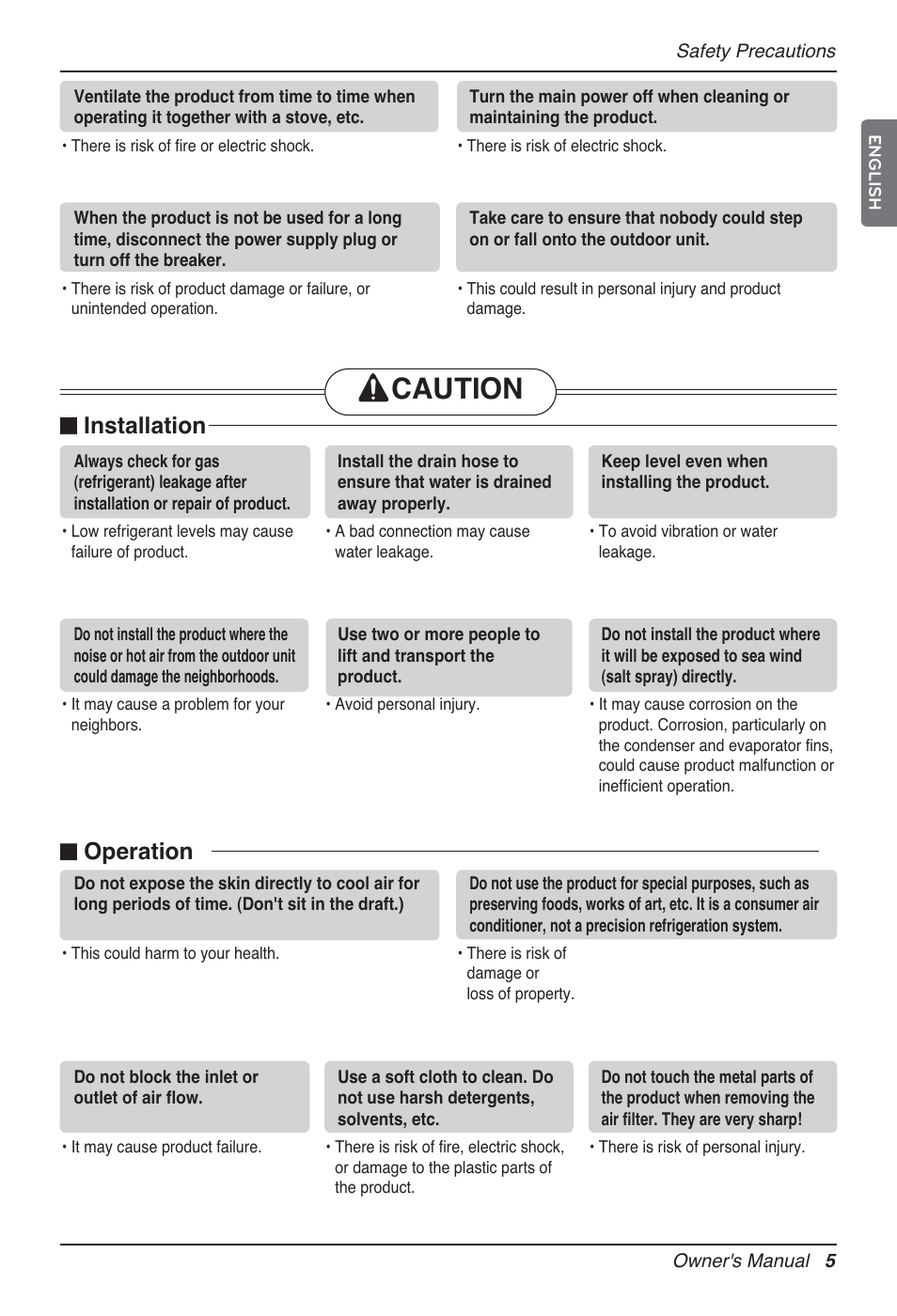 Caution, Installation, Operation | LG P08AH User Manual | Page 5 / 91