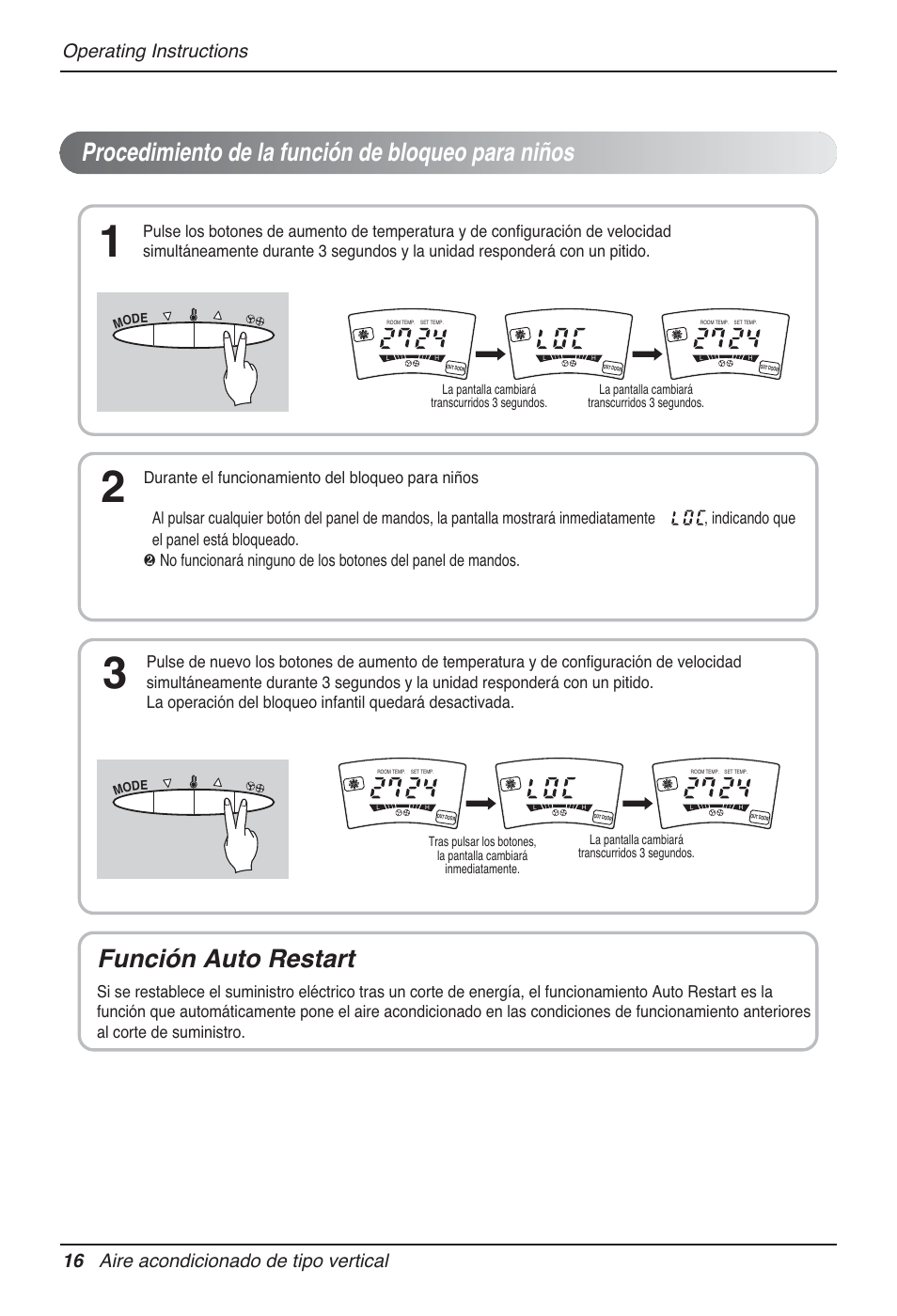 Procedimiento de la función de bloqueo para niños, Función auto restart, 16 aire acondicionado de tipo vertical | Operating instructions | LG P08AH User Manual | Page 52 / 91