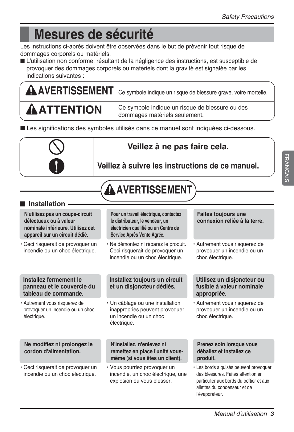 Mesures de sécurité, Avertissement attention, Avertissement | LG P08AH User Manual | Page 57 / 91
